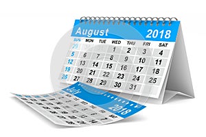 2018 year calendar. August. Isolated 3D illustration