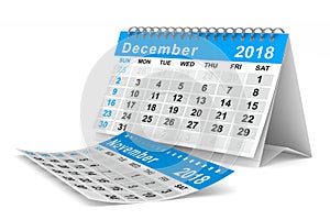 2018 year calendar. December. Isolated 3D illustration