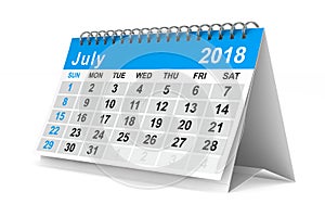 2018 year calendar. July. Isolated 3D illustration