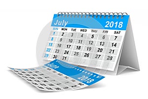 2018 year calendar. July. Isolated 3D illustration