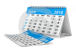 2018 year calendar. June. Isolated 3D illustration