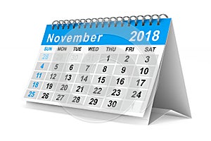 2018 year calendar. November. Isolated 3D illustration