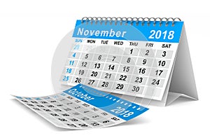 2018 year calendar. November. Isolated 3D illustration