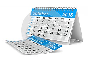 2018 year calendar. October. Isolated 3D illustration