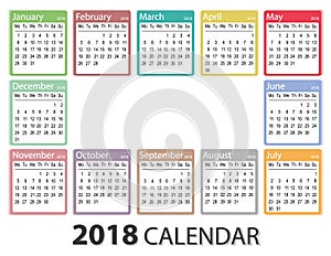 2018 year calendar, week starts on Monday, monthly calendar template, 2018 Printable Calendar