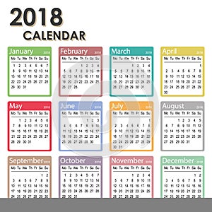 2018 year calendar, week starts on Monday, monthly calendar template, 2018 Printable Calendar