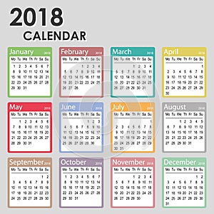 2018 year calendar, week starts on Monday, monthly calendar template, 2018 Printable Calendar