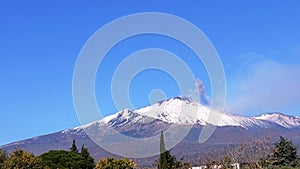 2019.11.27 Sicily. Italy. Etna volcano, snow  during an eruptive phase.