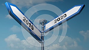 2019 - 2020 blue arrow street signs pointing to left and right - 3D rendering illustration