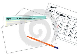 2019, 2020 Tax Form 1040 in the envelope, a pen and a calendar. Tax Day on April 17. The calendar and the 1040 income tax form sho