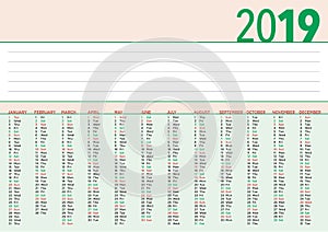 2019 basic calendar with vertical months