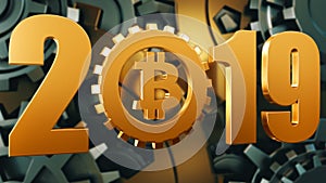 2019 bitcoin symbol concept. Gold and silver gear wheel background illustration
