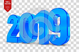 2019 blue metallic shiny numbers isolated on transparent background. 3D isometric new year sign for greeting card or poster. Happy