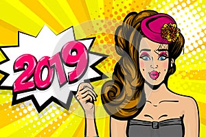 2019 brunette lady pop art in hat