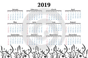 2019 calendar black floral bush