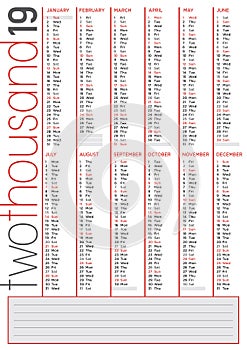 2019 calendar geometrical vertical lines