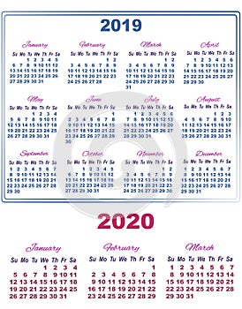 2019 calendar with January Fabruary and March of 2020