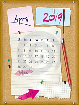 2019 calendar - month April - cork board with notes