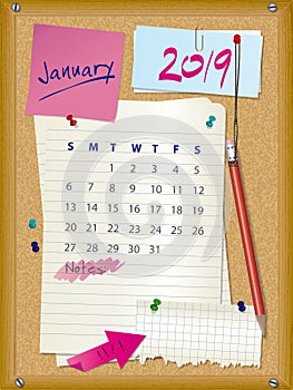 2019 calendar - month January - cork board with notes