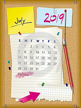 2019 calendar - month July - cork board with notes