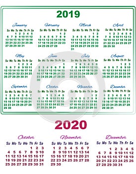 2019 calendar with October, November and December of 2020