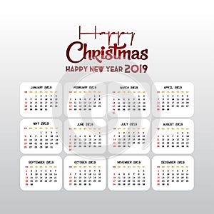 2019 Calendar template. Christmas and Happy new Year Background