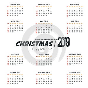 2019 Calendar template. Christmas and Happy new Year Background