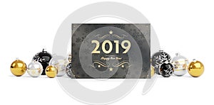 2019 card greetings laying on golden baubles isolated 3D rendering