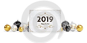 2019 card greetings laying on golden baubles isolated 3D rendering