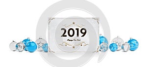 2019 card greetings laying on isolated blue white baubles 3D rendering