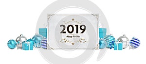 2019 card greetings laying on isolated blue white baubles 3D rendering