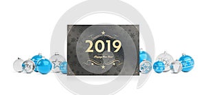 2019 card greetings laying on isolated blue white baubles 3D rendering