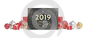 2019 card greetings laying on red baubles isolated 3D rendering