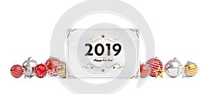 2019 card greetings laying on red baubles isolated 3D rendering