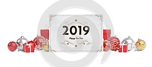 2019 card greetings laying on red baubles isolated 3D rendering