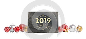 2019 card greetings laying on red baubles isolated 3D rendering