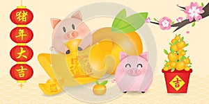 2019 Chinese New Year, Year of Pig Vector with cute piggy with lantern couplet, gold ingots, tangerine and blossom tree. Transla