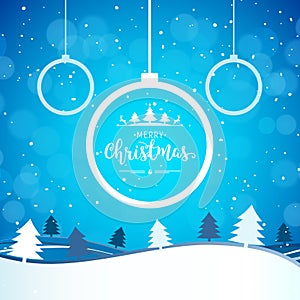 2019 Christmas and Happy New Year greeting card background. Xmas ball on winter landscape decoration design