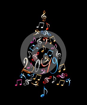 2019 christmas tree with colorful metal musical notes isolated on black