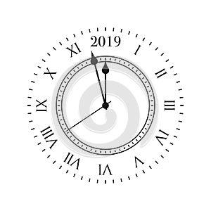 2019 clock. Round retro clock with Roman numbers, and 2019 midnight numbers