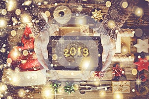 2019, Concept New Year, with golden snowflakes, New Year`s gift