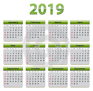 2019 English calendar with green elements