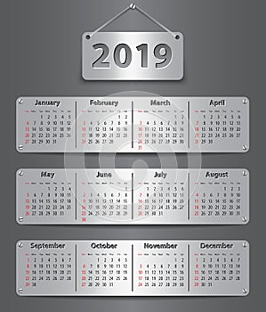 2019 English calendar on metallic tablets