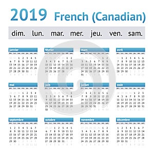 2019 French American Calendar Canadian