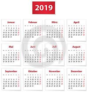 2019 German calendar on red and white papers