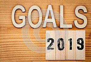 2019 goals banner - New Year resolution concept - text in vintage letters on wooden blocks