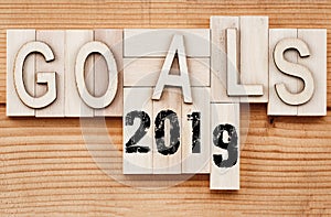 2019 goals banner - New Year resolution concept - text in vintage letters on wooden blocks