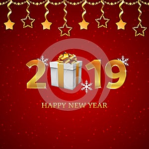 2019 gold numbers with gift box with golden satin ribbons, snowflakes, hanging stars on the red background with falling snow.