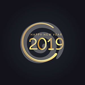 2019 golden New Year sign with golden glitter on black background.