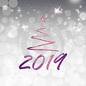 2019 golden New Year sign with golden glitter white silver shining background. Vector New Year illustration